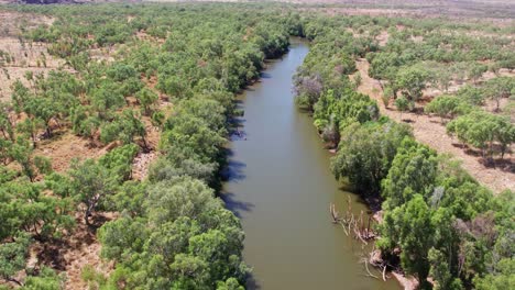 Low-aerial-footage-over-the-Victoria-River-at-Kalkaringi,-Northern-Territory,-Australia