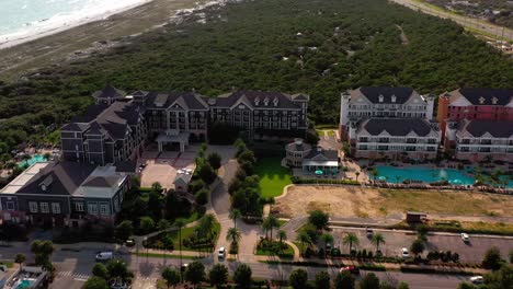 Panning-left-drone-view-of-The-Henderson-beach-resort-and-spa-in-Destin-FL