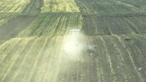 Aerial-following-shot-of-birds-flying-behind-tractor-on-field-and-dust-in-air