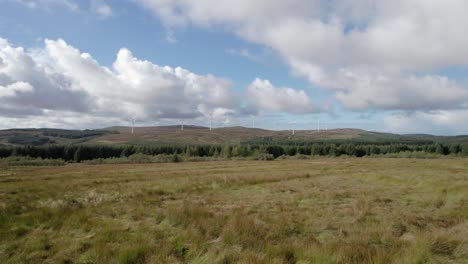 Aerial-drone-footage-fly-fast-and-low-over-fields-towards-wind-turbines-in-a-Scottish-windfarm-surrounded-by-forestry-plantations-of-commercial-conifers-on-the-Kintyre-Peninsula,-Argyll,-Scotland