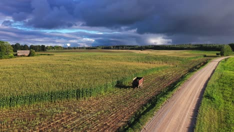 Empty-tractor-trailer-on-partly-harvested-cornfield-in-golden-hour-with-storm-clouds