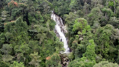 Drone-capture-the-waterfall-in-the-middle-of-the-dense-jungle-in-slow-motion-located-in-the-city-of-Brinchang-in-Pahang,-Malaysia
