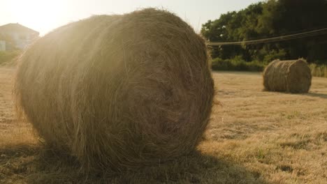 Static-shot-of-Straw-roll-stacks,-bright-sun-rays-illuminating-rural-haystacks-on-agricultural-field