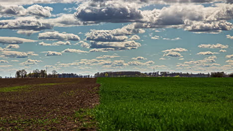 Sunny-spring-cloudscape-over-growing-and-newly-planted-farmland-crops-in-the-European-countryside---time-lapse