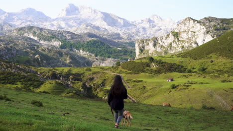 Young-woman-walking-the-dog-in-scenic-mountain-unpolluted-wilderness-landscape-with-rocky-peak-view-during-a-sunny-day-of-summer