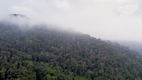 Drone-moving-backward-and-captures-cloud-covered,-densely-wooded-mountain-in-the-city-of-Brinchang-in-the-Pahang,-Malaysia
