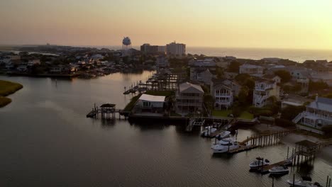Sunrise-aerial-over-helicopter-pad-in-wrightsville-beach-nc,-north-carolina