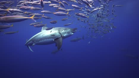 Weißer-Hai,-Der-Mit-Makrelenschwärmen-Im-Blauen-Meer-Schwimmt