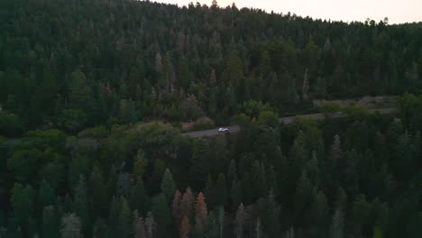 Aerial-View-of-White-Car-on-Rural-Countryside-Road-in-Colorful-Forest,-Tracking-Drone-Shot