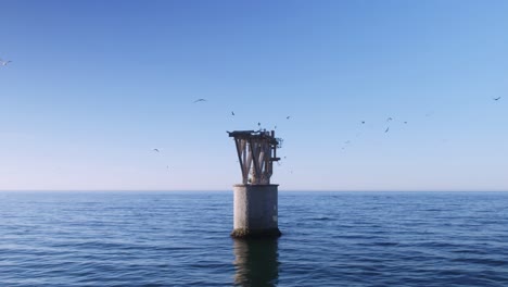 Abandoned-tower-in-the-sea-with-seagulls-flying-by