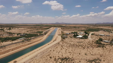 Colorado-river-water-used-in-irrigation-canal-in-Arizona,-drone-sideways