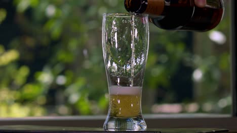 Pouring-Beer-Into-a-tulip-Glass-with-plants-on-the-background-in-slow-motion
