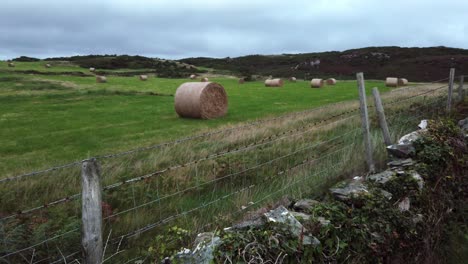 Highlands-countryside-meadow-with-rolled-straw-hay-bale-in-open-overcast-British-farmland