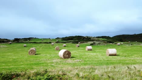 Overcast-countryside-meadow-with-rolled-straw-hay-bale-in-open-British-farmland