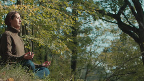 The-camera-slowly-pans-from-an-autumn-tree-to-a-meditating-woman-sitting-in-the-grass