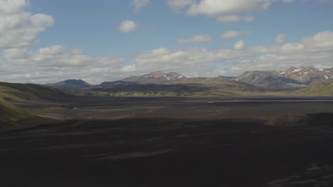Aerial-panning-shot-of-Maelifell-Mountain-and-endless-volcanic-landscape-on-Iceland-during-cloudy-day-