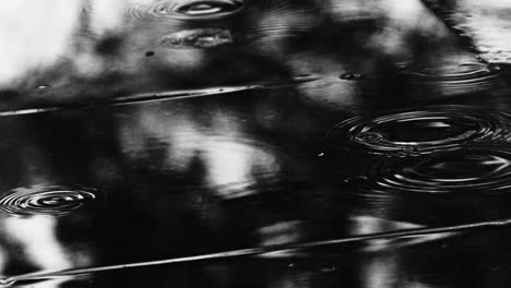 Raindrops-falling-on-a-footpath-in-a-shiny-rain-puddle---close-up