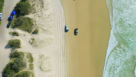 4K-Aerial-Drone-Top-View-All-Four-Drive-Cars-Driving-Along-Sandy-Beach-Shore-In-Australia