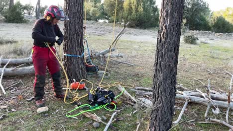 High-altitude-working-woman-preparing-equipment-for-climbing-trees