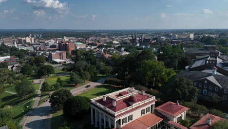 Slow-pan-right-to-left-above-Coleman-Hill-in-Macon,-Georgia-with-a-view-of-downtown-Macon