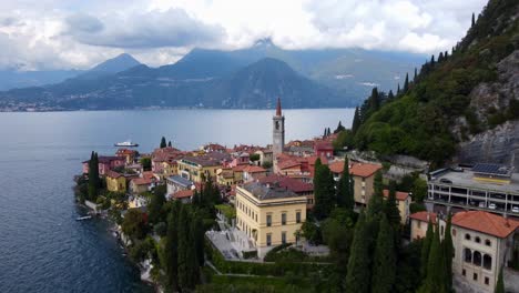 Aerial-view-beautiful-town-on-edge-of-Lake-Como-in-Italian-Alps