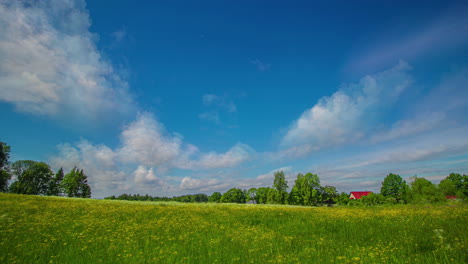 Beautiful-timelapse-shot-of-white-cloud-movement-along-blue-sky-over-green-grasslands-throughout-the-day