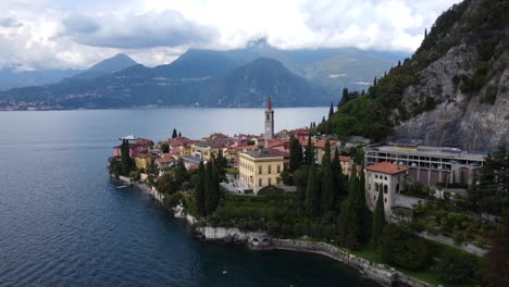 Static-wide-angle-drone-shot-of-Varenna-old-historic-town-on-Lake-Como