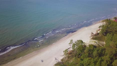 Aerial-birdseye-view-of-Baltic-sea-coast-on-a-sunny-day,-white-sand-seashore-dunes-damaged-by-waves,-pine-tree-forest,-coastal-erosion,-climate-changes,-wide-angle-drone-shot-moving-forward-1