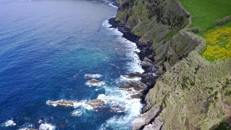 Grassy-coastline-cliffs-of-Azores-above-Atlantic-ocean-waves,-aerial