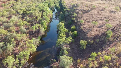 Reverse-Drohnenaufnahmen-über-Einem-Wasserloch-Im-Wattie-Creek-In-Der-Nähe-Von-Daguragu,-Northern-Territory,-Australien