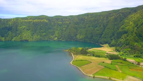 Aerial-view-of-one-of-crater-lakes-of-Sete-Cidades-National-Park-in-Sao-Miguel,-Azores