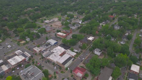 Drone-Aerial-floating-over-a-small-town-of-Liberty-where-they-have-a-Jail-a-Mormon-Visitor-Center-in-Liberty-Missouri