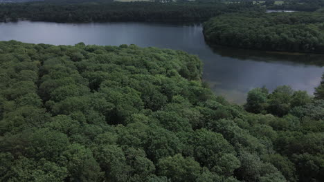 Lake-of-Trémelin-or-Tremelin-and-lush-forest,-Brittany-in-France