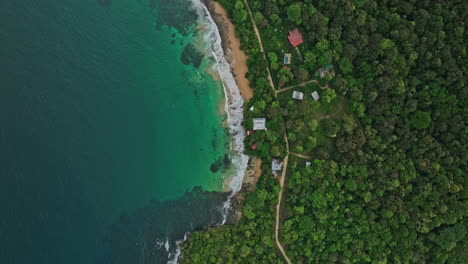Bocas-del-Toro-Panama-Aerial-v4-vertical-top-down-view,-drone-flyover-along-coastal-shore-capturing-paunch-beach-peninsula,-turquoise-blue-sea-and-tropical-forest---Shot-with-Mavic-3-Cine---April-2022