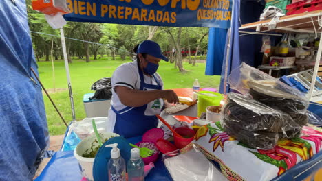 Shot-of-a-traditional-mexican-cook-preparing-tlayudas-and-quesadillas-in-the-Chapultepec-forest