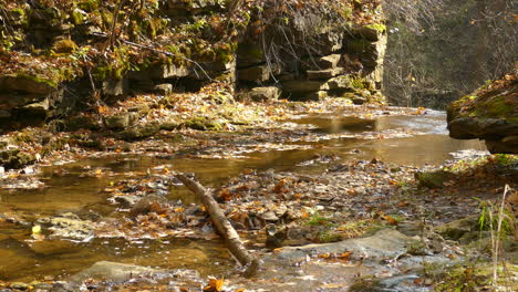 Calm-forest-river-flowing-through-rocky-landscape-in-Autumn-season,-static-view
