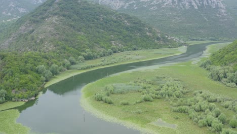 Drone-flying-over-famous-Skadar-lake-between-hilly-green-mountains-and-still-waters,-Montenegro
