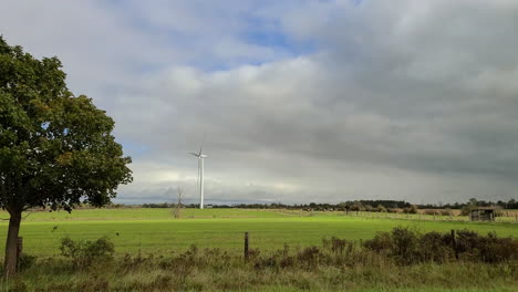 Generic-electric-car-driving-through-green-landscape-with-wind-turbines-in-background,-view-from-inside