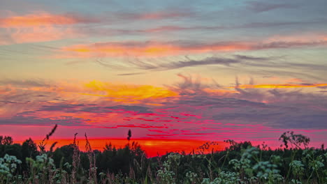 Low-angle-time-lapse-shot-from-meadow-of-colorful-sky-at-sunset---clouds-moving-in-different-directions,-beautiful-nature-scene