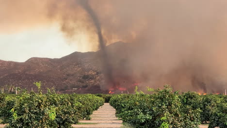 California-Wildfire-burning-on-cultivated-Field,-Massive-dark-smoke-column,-bird-flying-away-from-Fire