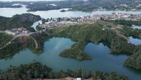 Peninsular-Islands-in-the-Paradisiacal-Guatape-Resort-Town-of-Medellin-Aerial-Drone-Top-Notch-View-of-Colombian-Village