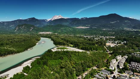 Idyllic-River-With-Lush-Vegetation-In-The-Neighborhood-Of-Squamish,-British-Columbia,-Canada---aerial-shot