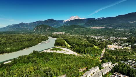 Idyllic-Mountains-And-River-In-Squamish,-Northern-Vancouver,-British-Columbia,-Canada---aerial-shot