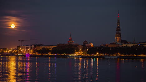 Riga,-Latvia,-Night-to-Day-Time-Lapse,-Street-Traffic,-Cathedral-and-Falling-Moon-Reflection-on-Daugava-River