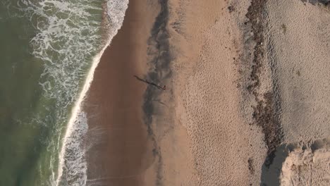 Arial-Drone-Shot-of-Person-Running-on-The-beach-With-Long-Shadows