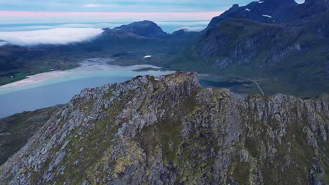 Dramatic-aerial-view-of-a-mountain-top-in-the-Lofoten