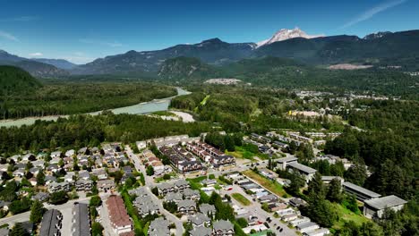 Squamish-Town-In-British-Columbia,-Canada-At-Daytime---aerial-drone-shot