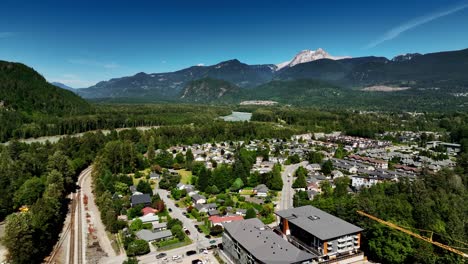 Town-Landscape-With-River-Mountain-View-In-Squamish,-British-Columbia,-Canada---aerial-drone-shot