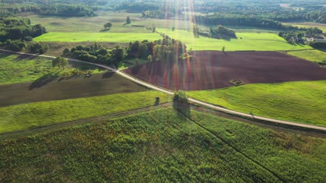 Aacross-cultivated-Latvian-farmland-with-sunrays-shining-on-scenic-golden-hour-landscape,-aerial-view