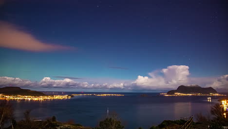 Time-Lapse,-White-Night-Above-Norway,-Clouds-and-Coastal-Lights-on-Summer-Night